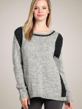 M Rena Color Blocked Sweater Soft Wool Blend Knit Sweater Gray Black Cream